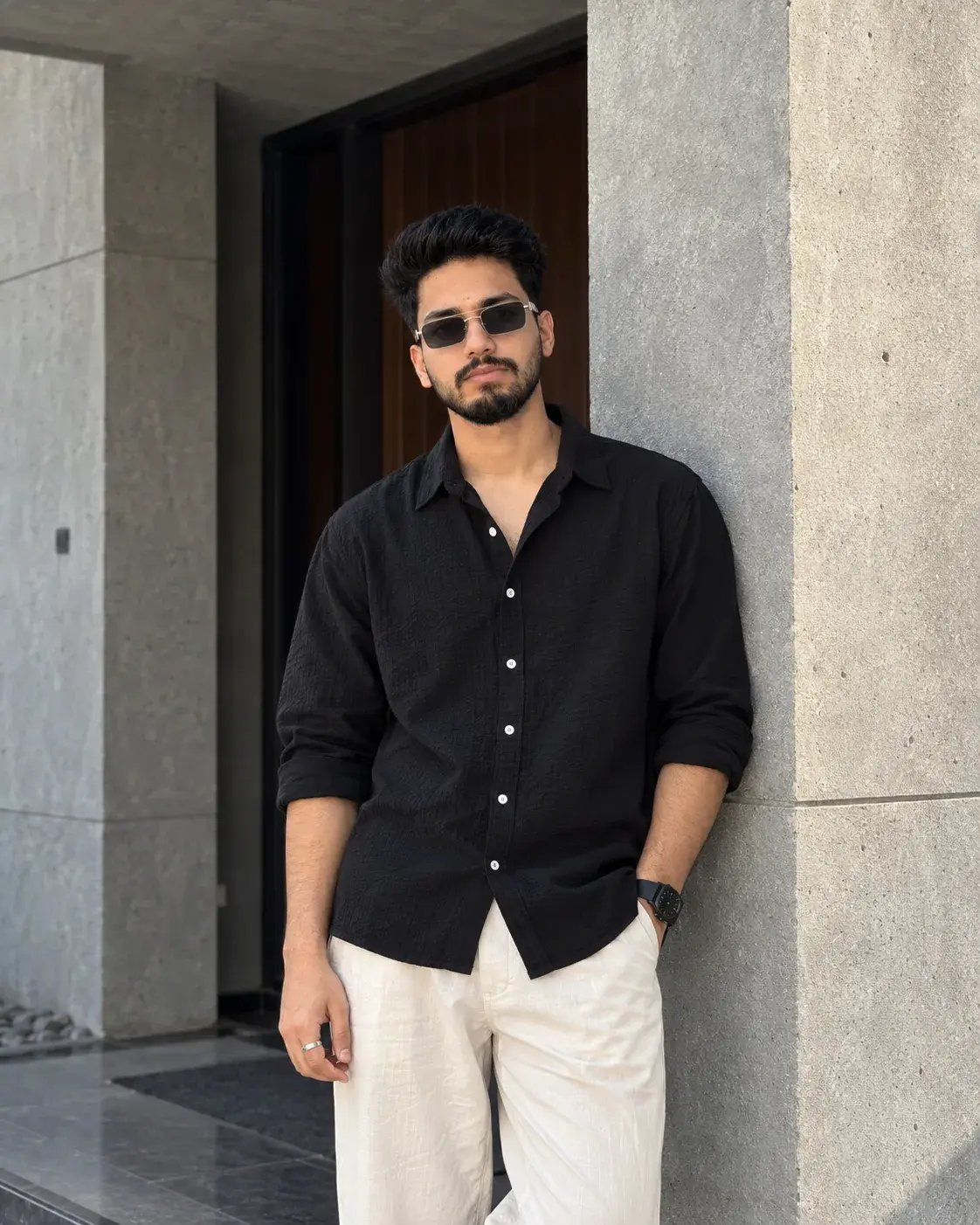 Black Shirt And White Trousers Outfit For Men | Casual Fashion Portrait