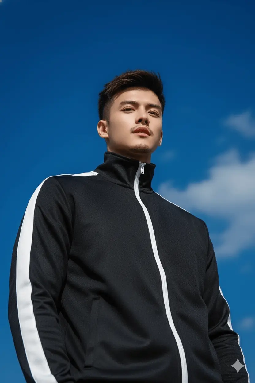 Black Tracksuit Blue Sky Photo AI Prompt