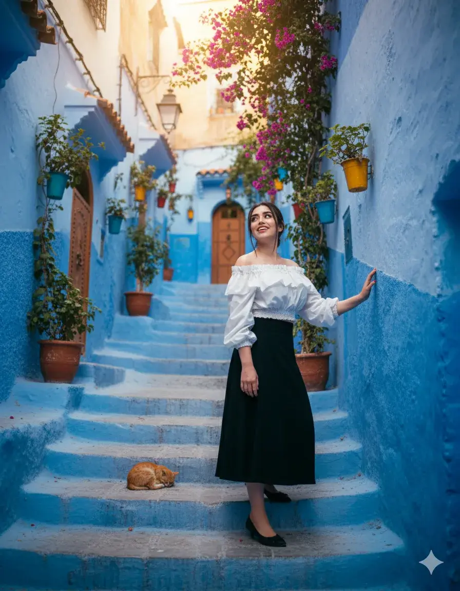 Blue Dreams Of Morocco Travel AI Photo Prompt For Girls