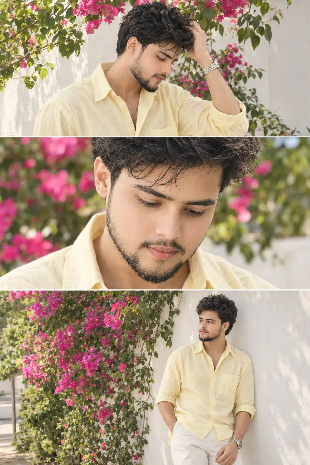 Bougainvillea Garden — Cinematic Men's Fashion Triptych