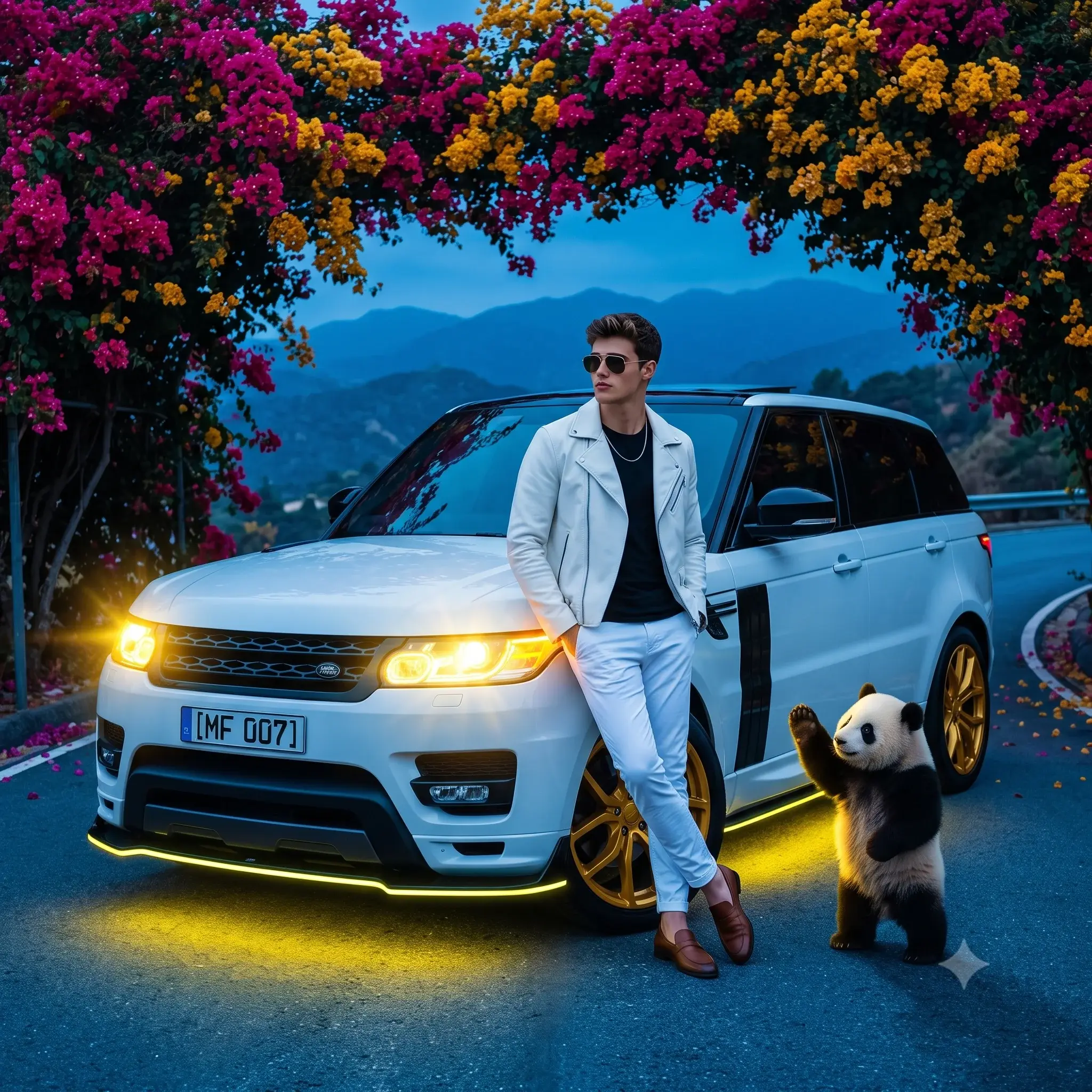 Boy Stylish Portrait With Suv And Panda