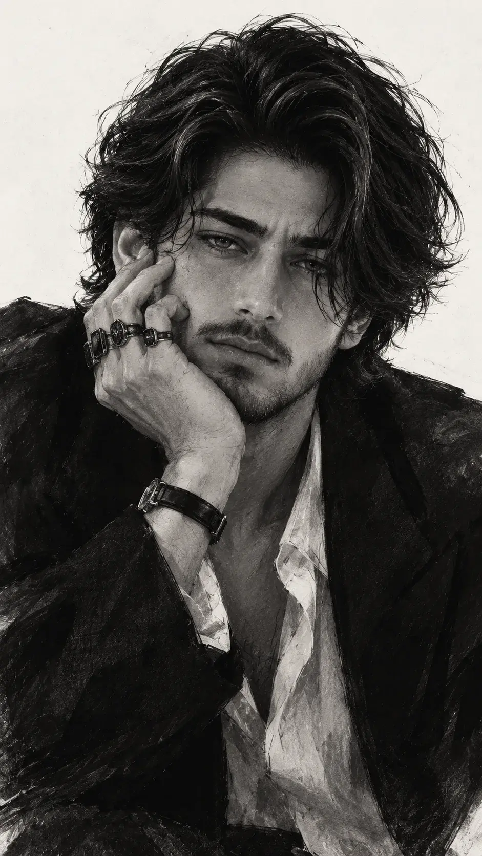 Brooding Charcoal Portrait With Rings