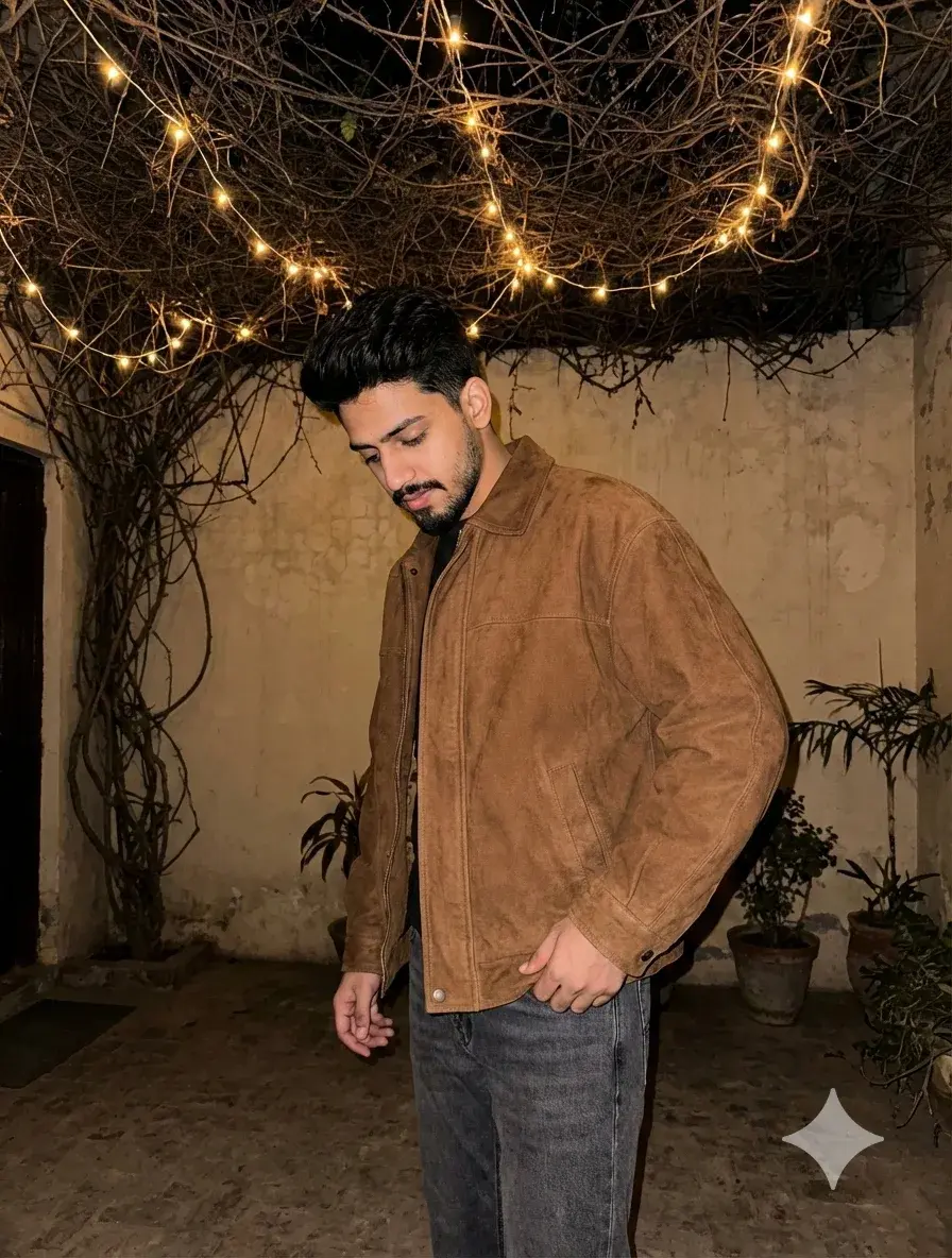 Brown Suede Jacket Night Portrait | Casual Street Style