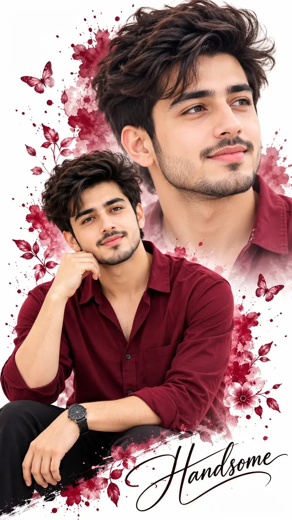 Burgundy Watercolor Double Portrait Collage Of A Handsome Young Man 🦋