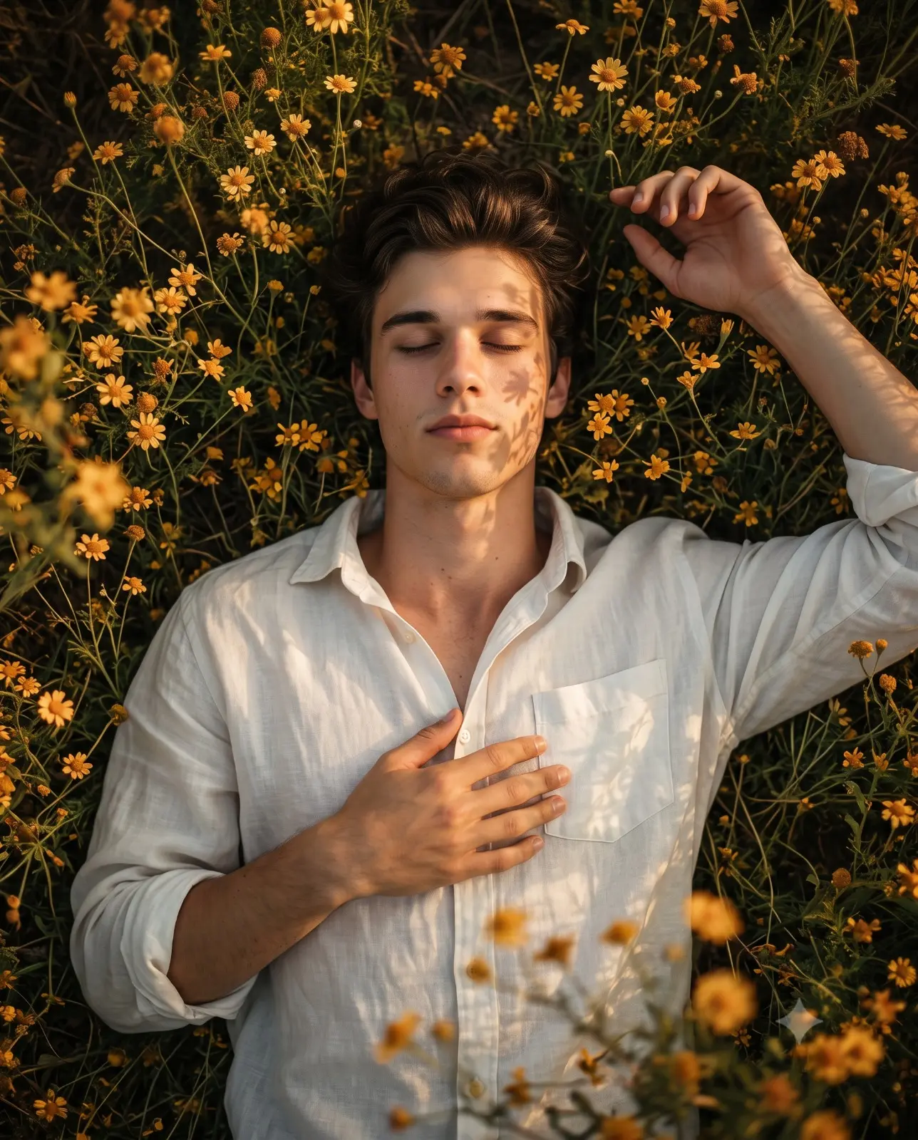 Calm Guy Lying Among Yellow Daisies