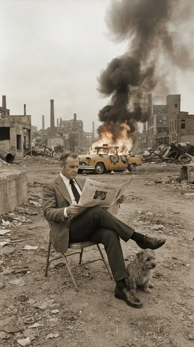 Calm Man Reading Amid Chaos – Surreal Vintage Wasteland Portrait