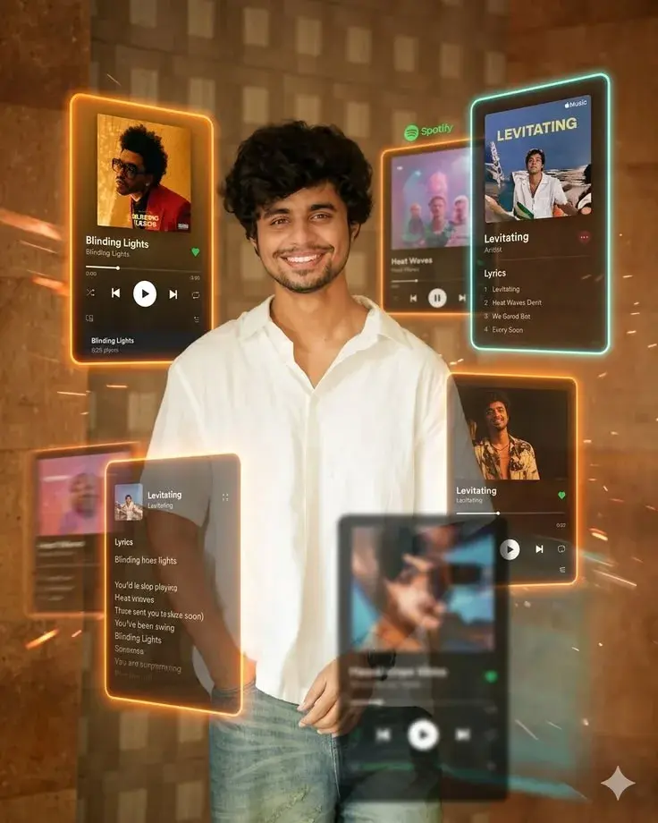 Candid Architectural Lobby Portrait Of Smiling Young South Asian Man In White Linen Shirt Surrounded By Floating Glowing
