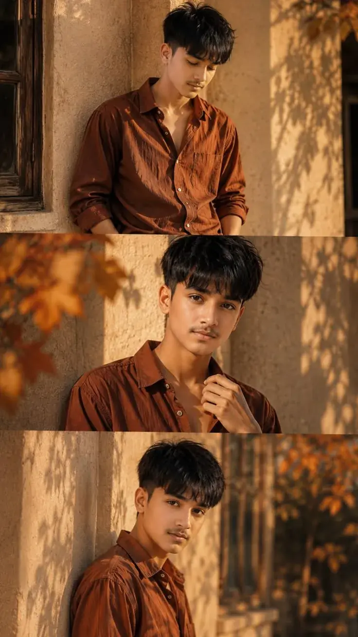 Candid Autumn Golden-Hour Triptych Portrait Of Young South Asian Man In Terracotta Brown Shirt Leaning On Stucco Wall