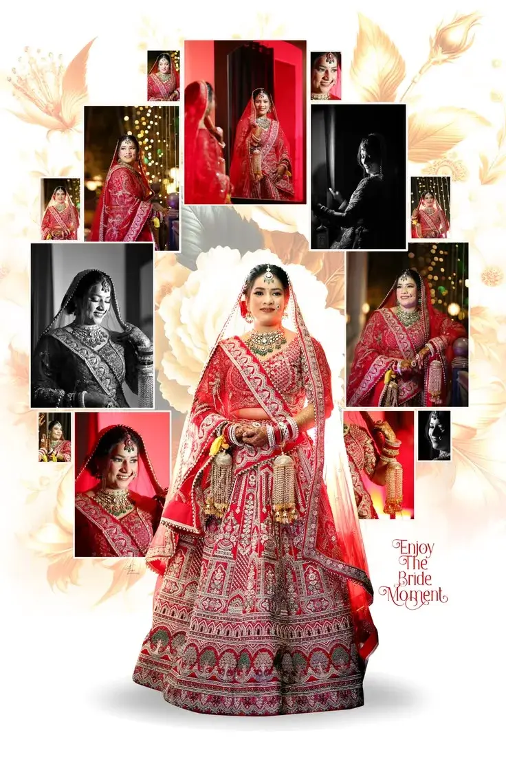 Candid Bridal Album Storyboard Collage Of Radiant South Asian Bride In Embroidered Red Lehenga With Chooda And Kaleere