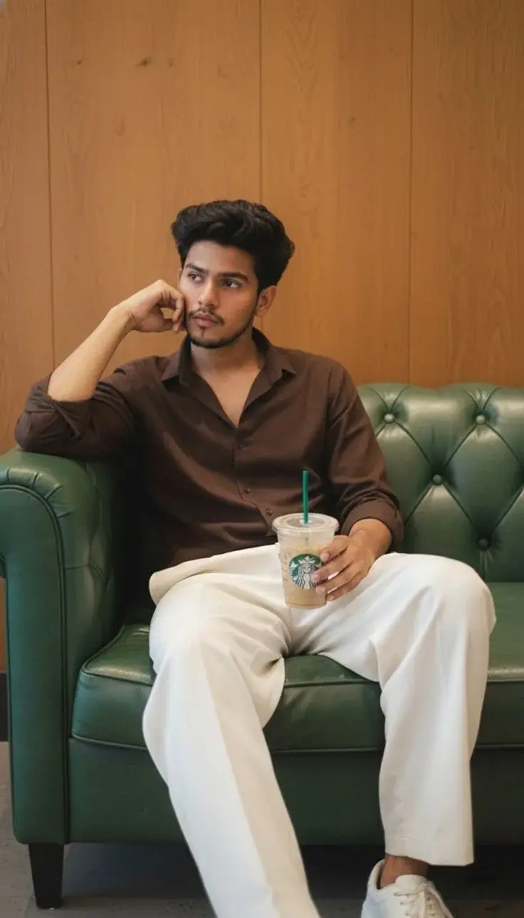 Candid Cafe Portrait Of Young South Asian Man With Iced Coffee On Green Tufted Leather Sofa