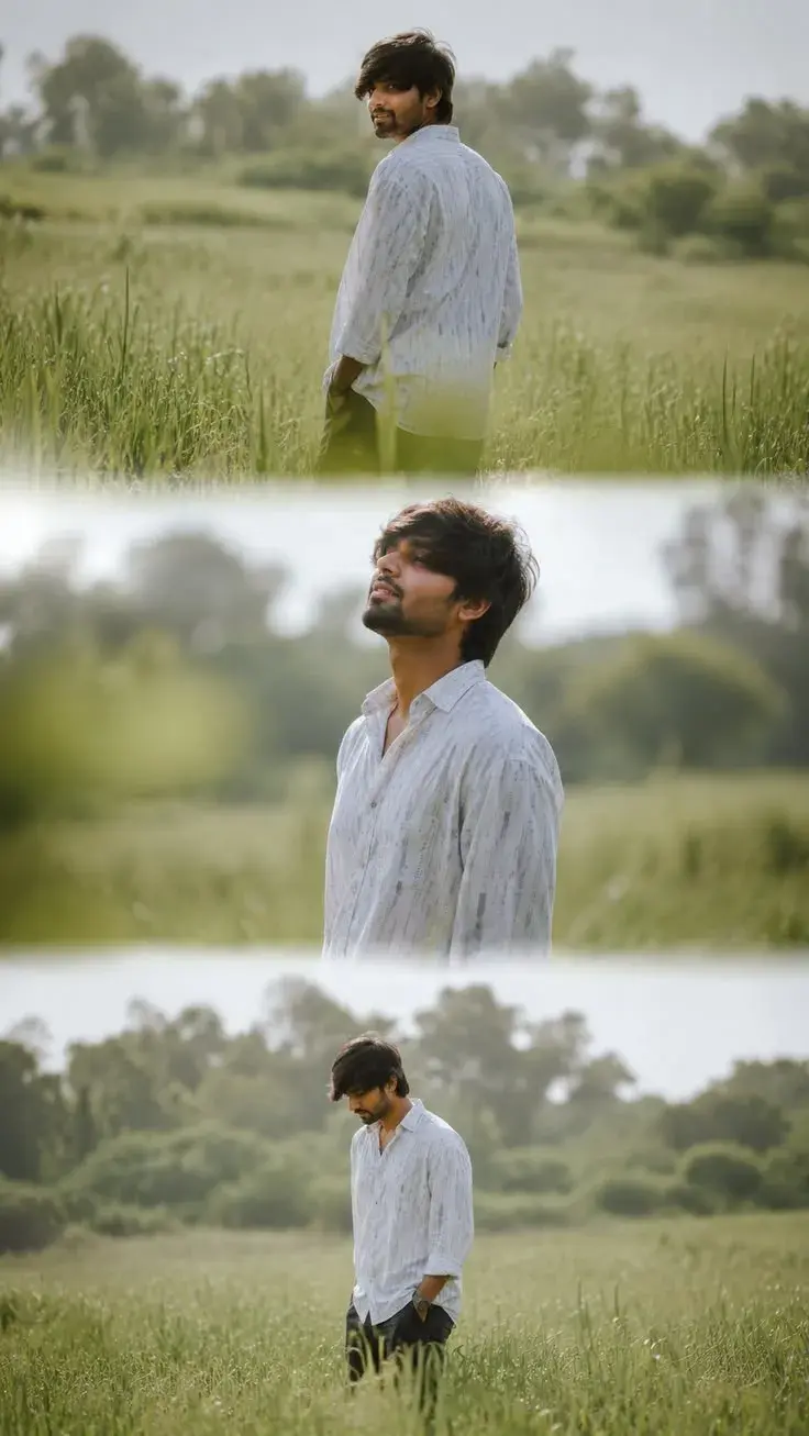 Candid Countryside Meadow Triptych Portrait Of Young South Asian Man In Linen Shirt Amid Tall Grass