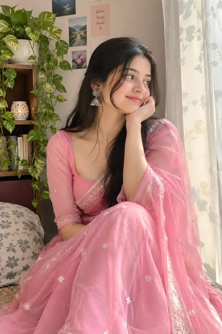 Candid Cozy Indoor Window-Light Portrait Of Young South Asian Woman In Pastel Pink Saree Resting Chin On Hand
