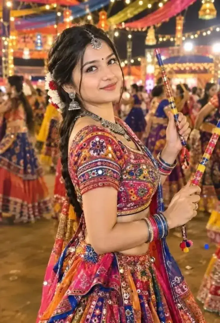 Candid Festive Portrait Of Smiling Young Woman With Dandiya Sticks At Garba Night