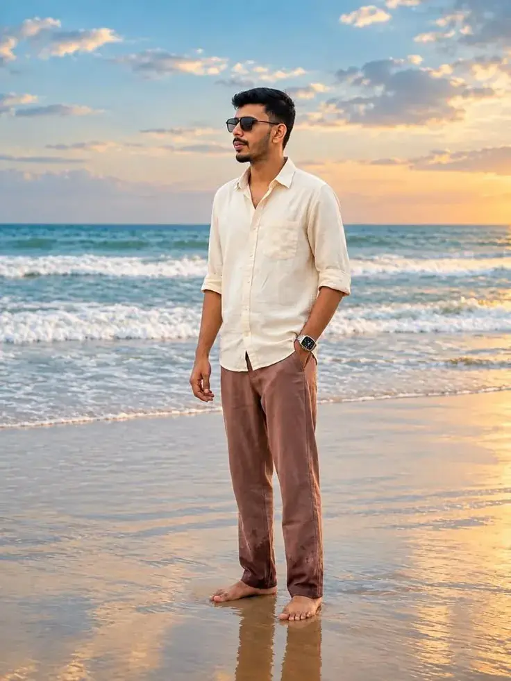 Candid Full-Length Golden Hour Beach Portrait Of Young South Asian Man Barefoot On Wet Sand Shoreline