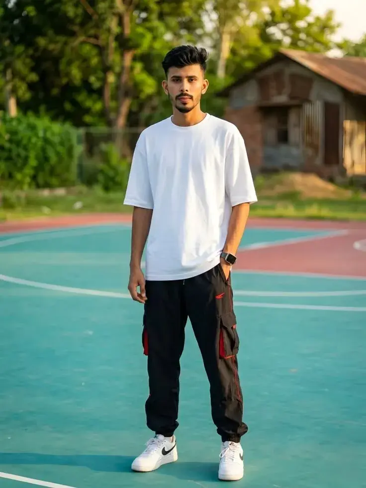 Candid Full-Length Outdoor Basketball Court Portrait Of Young South Asian Man In White Oversized T-Shirt And Black Cargo