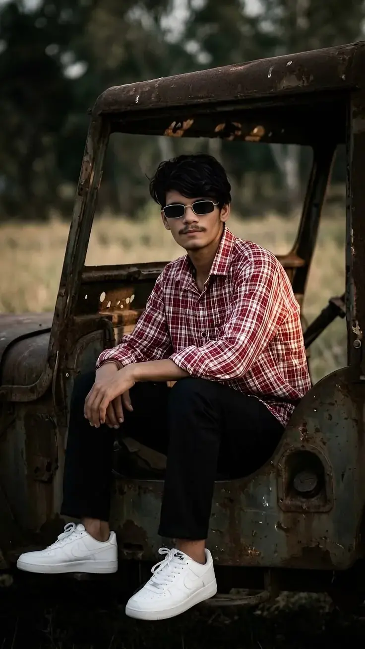Candid Full-Length Outdoor Portrait Of Young Indian Man Seated In Vintage Rusty Truck Cab