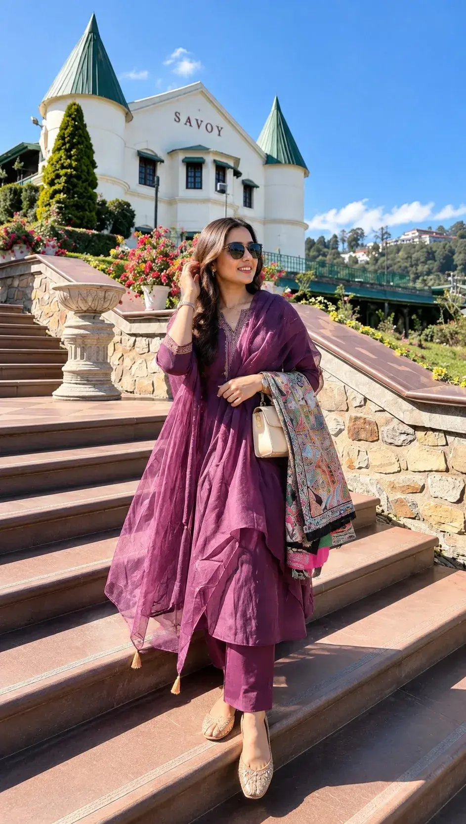 Candid Full-Length Outdoor Portrait Of Young Indian Woman On Grand Steps By Historic Savoy Hotel