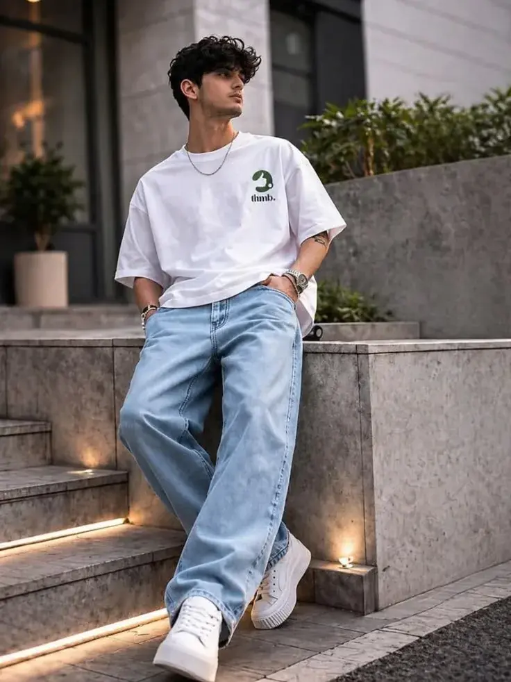 Candid Full-Length Outdoor Streetwear Portrait Of Young South Asian Man Leaning On Concrete Steps