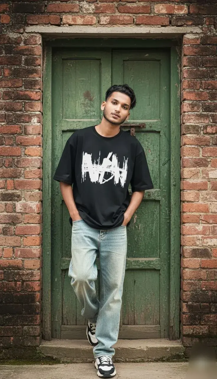 Candid Full-Length Urban Street Portrait Of Young South Asian Man In Black Graphic T-Shirt And Light Wash Denim Leaning