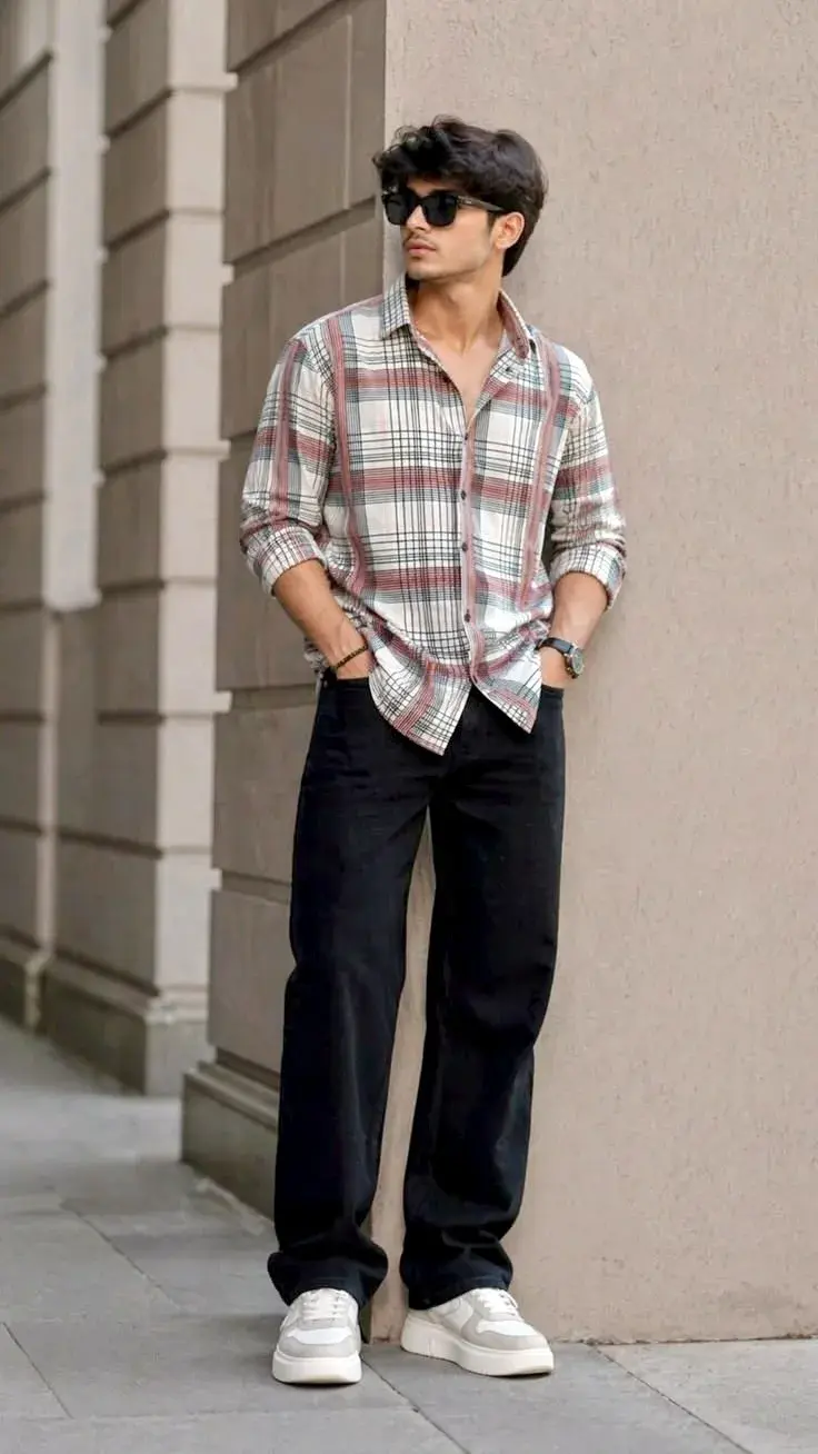 Candid Full-Length Urban Street Portrait Of Young South Asian Man Leaning On Pillar In Plaid Shirt And Dark Sunglasses