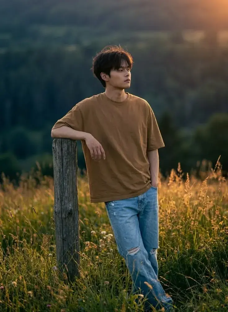 Candid Golden-Hour Meadow Portrait Of Young East Asian Man In Camel T-Shirt And Distressed Denim Leaning On Wooden Post
