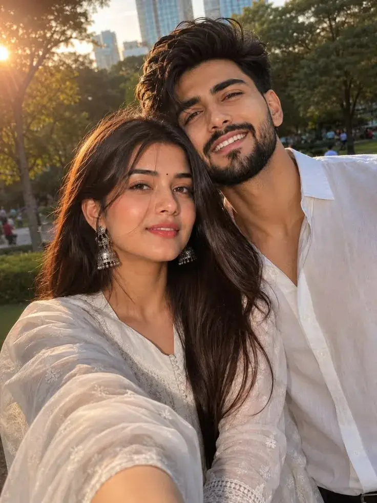 Candid Golden Hour Outdoor Selfie Of Young South Asian Couple In White Ethnic Wear