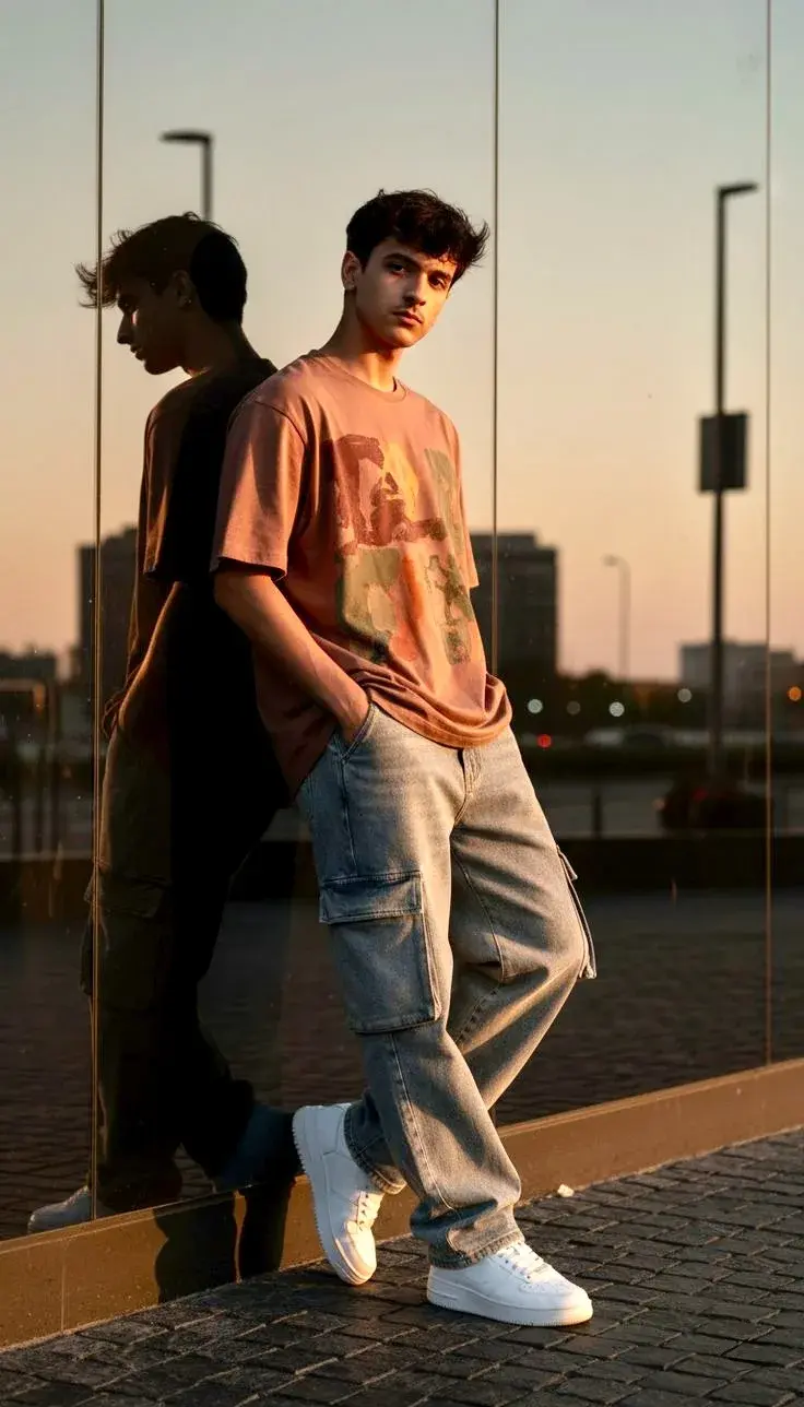 Candid Golden-Hour Street Portrait Of Young South Asian Man Leaning On Glass Facade With Mirror Reflection
