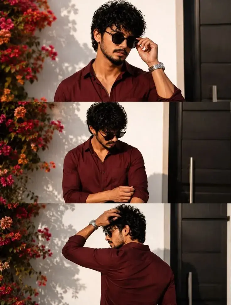 Candid Golden-Hour Triptych Portrait Of Young South Asian Man With Curly Hair In Maroon Linen Shirt And Sunglasses
