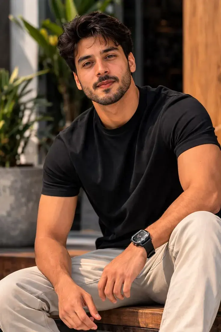 Candid Handsome Young Man In Black T-Shirt Seated On Wooden Bench Outdoors