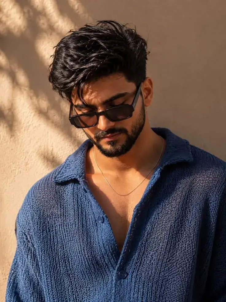 Candid Handsome Young Man In Blue Knit Polo Shirt Wearing Rectangular Sunglasses Against Stucco Wall