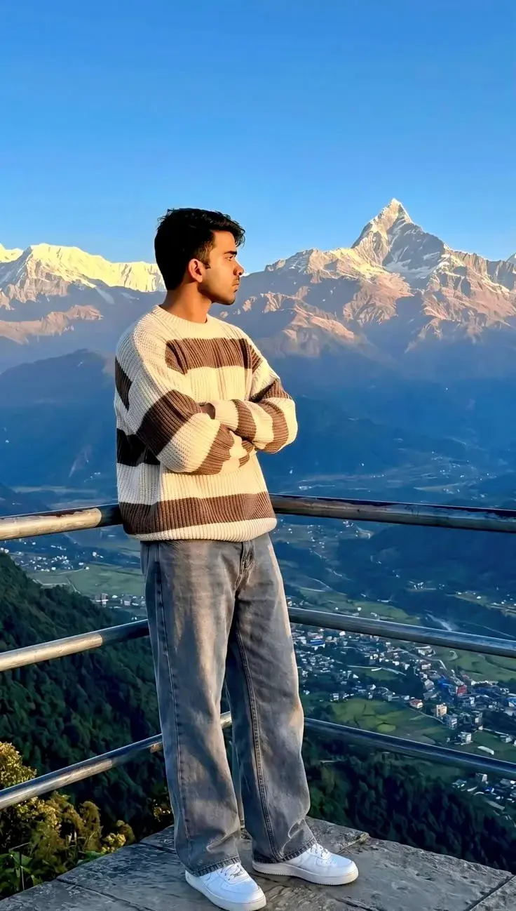 Candid Himalayan Mountain Viewpoint Portrait Of Young South Asian Man In Brown-And-Cream Striped Knit Sweater Leaning On