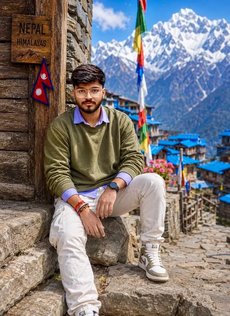 Candid Himalayan Village Portrait Of Young South Asian Man With Glasses In Olive Sweatshirt On Stone Steps