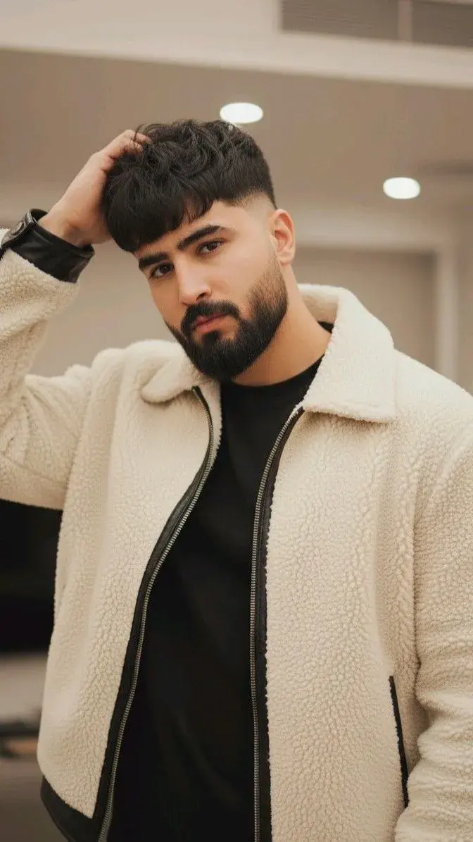 Candid Indoor Portrait Of Young Man With Textured Fringe And Full Beard In Cream Sherpa Fleece Jacket