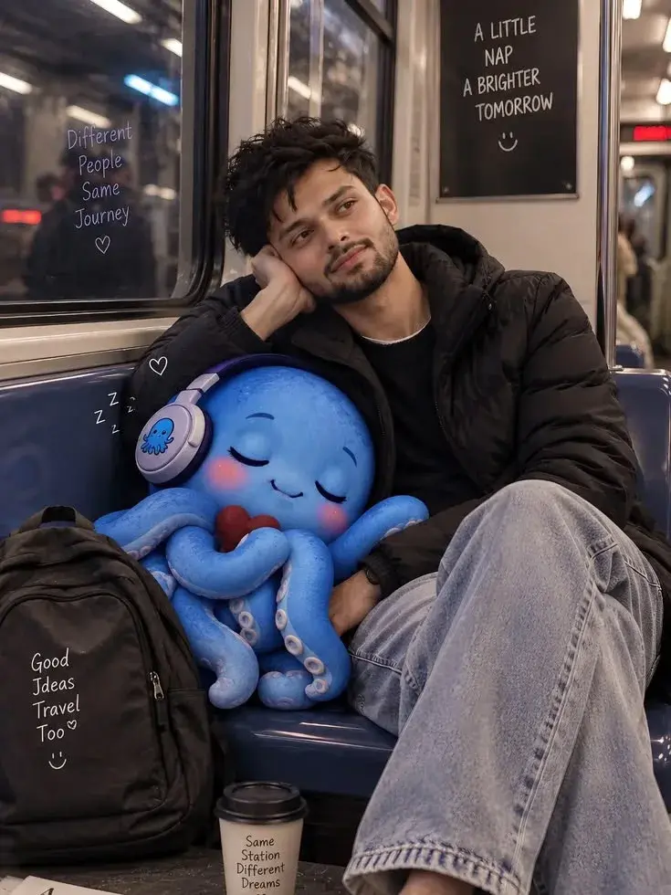 Candid Metro Train Portrait Of Young South Asian Man With Puffer Jacket Resting Cheek With Sleeping Cartoon Blue Octopus