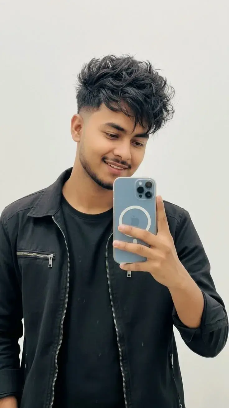 Candid Mirror Selfie Portrait Of Smiling Young South Asian Man With Textured Crop Hair In Black Jacket