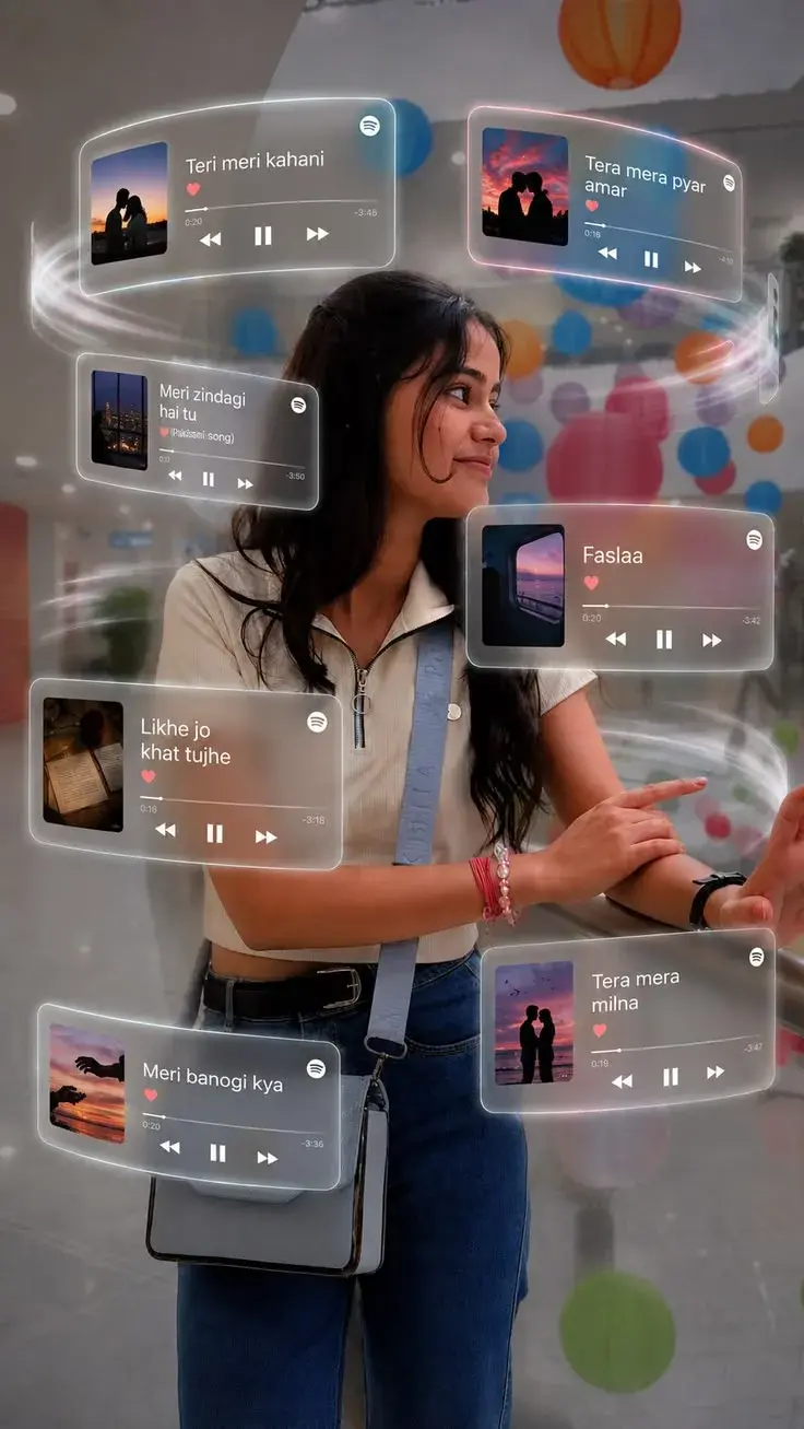 Candid Modern Mall Interior Portrait Of Smiling Young South Asian Woman With Swirling Holographic Music Player Widgets