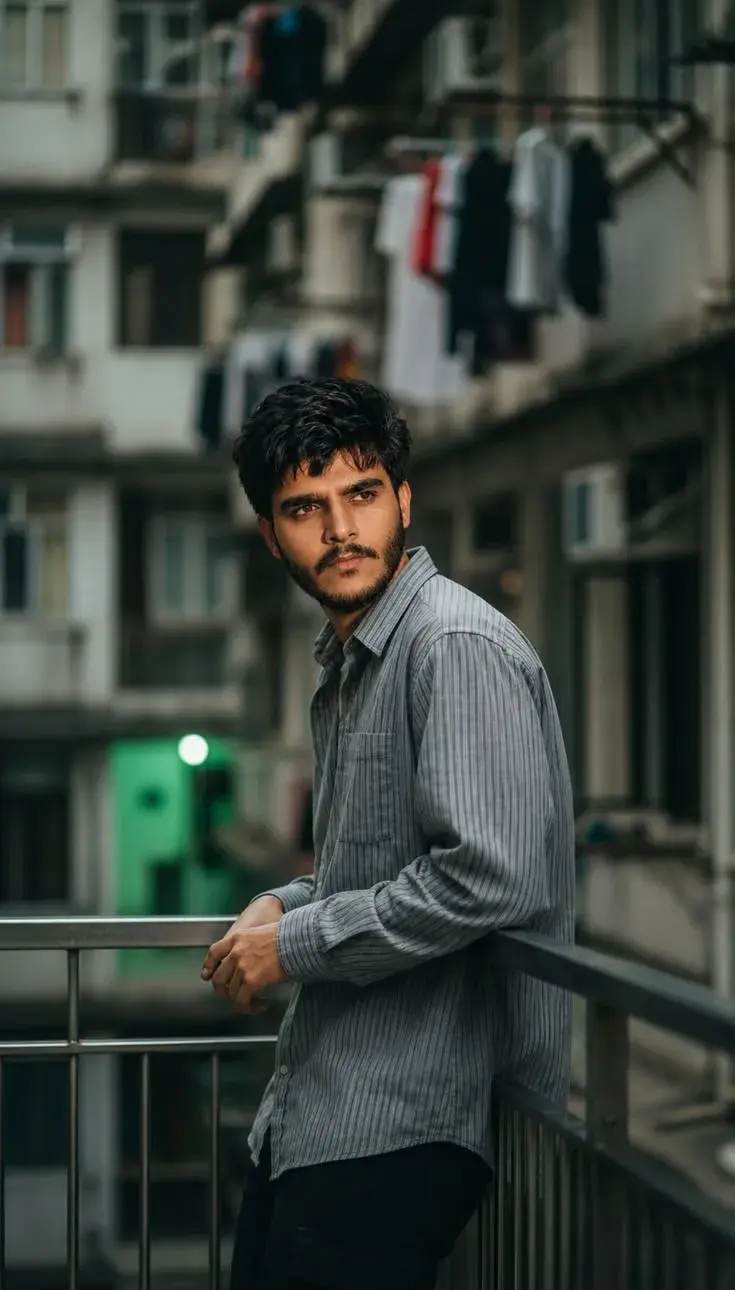 Candid Moody Balcony Portrait Of Young South Asian Man In Pinstripe Shirt Leaning On Metal Railing In Urban Courtyard