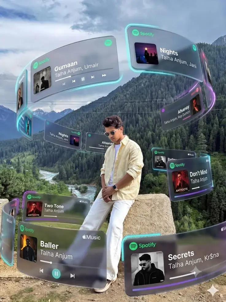 Candid Mountain Valley Portrait Of Young South Asian Man Surrounded By Floating Glowing Music Player Cards