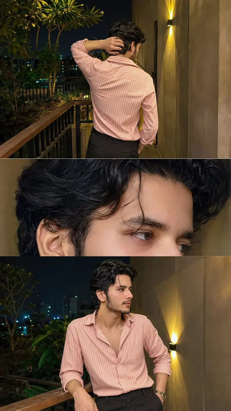 Candid Night Balcony Triptych Portrait Of Young South Asian Man In Peach Striped Shirt By Warm Wall Sconces