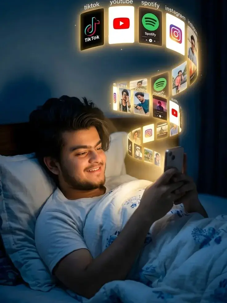 Candid Night Bedroom Portrait Of Young South Asian Man In Bed With Glowing Holographic App Icons Swirling From Smartphon