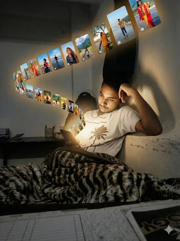 Candid Night Bedroom Portrait Of Young South Asian Man Reclining In Bed With Swirling Arc Of Social Media Photo Cards