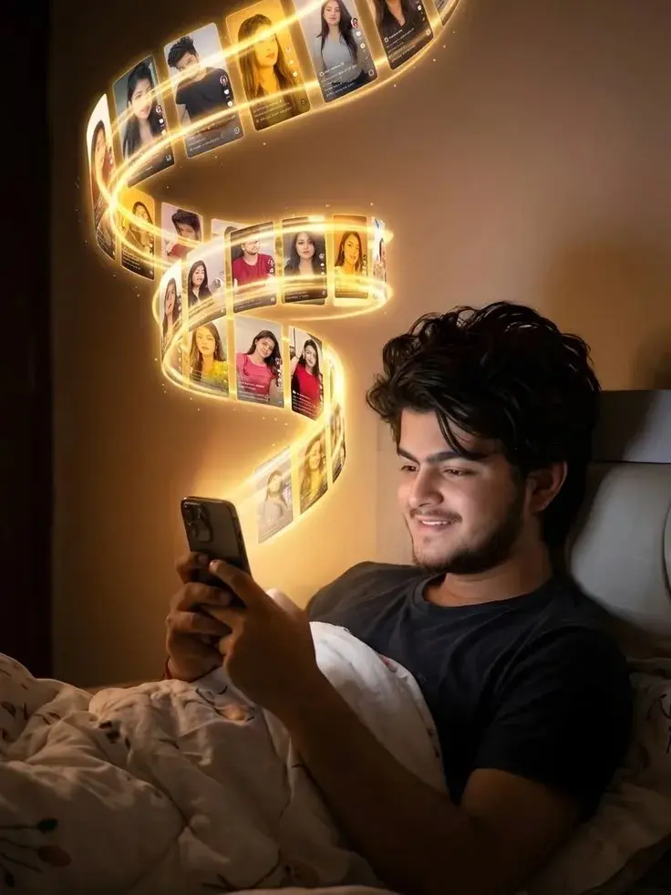 Candid Night Bedroom Portrait Of Young South Asian Man Smiling In Bed With Swirling Holographic Reel Feed Rising From Sm