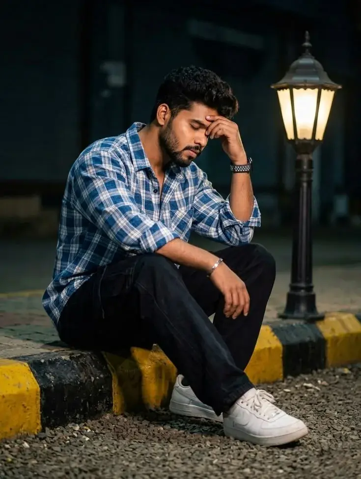 Candid Night Street Portrait Of Pensive Young South Asian Man Sitting By Lantern On Painted Curb
