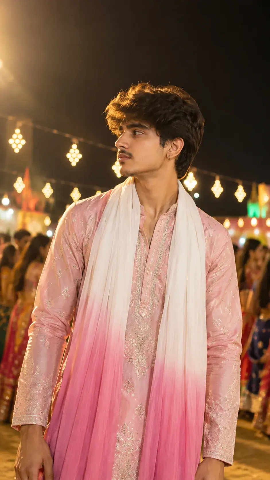 Candid Nighttime Festival Portrait Of A Young Man In Pink Embroidered Kurta