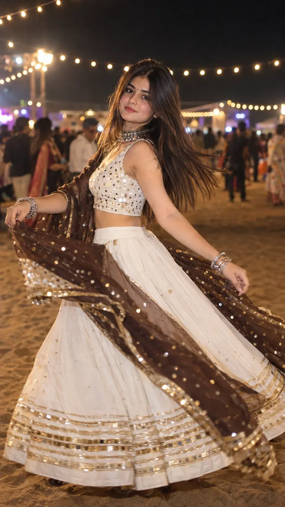 Candid Nighttime Twirling Portrait Of A Woman In White Lehenga With Gold Borders ✨