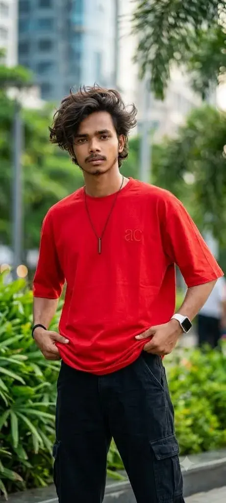 Candid Outdoor City Promenade Portrait Of Young South Asian Man In Red Oversized T-Shirt And Black Cargo Pants