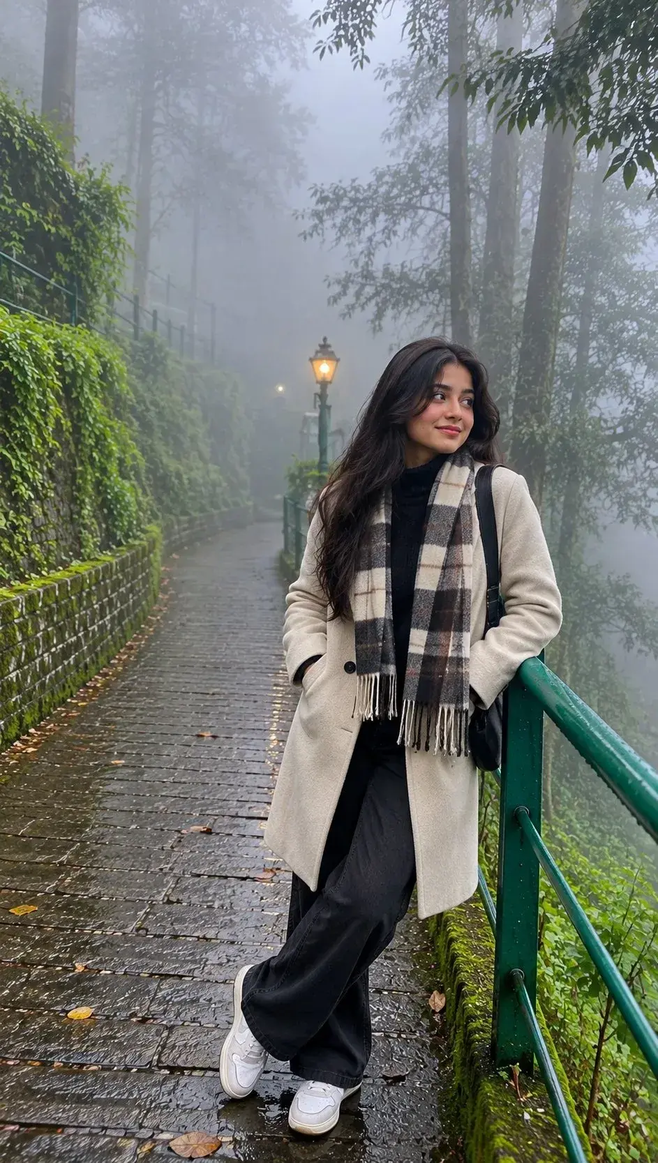Candid Outdoor Foggy Hill Station Full-Length Portrait Of Smiling Young Woman In Cream Overcoat And Plaid Scarf