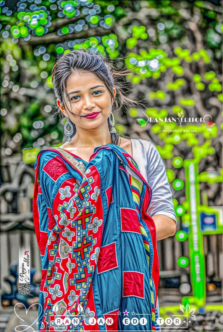 Candid Outdoor Garden Portrait Of Young South Asian Woman In Embroidered Geometric Dupatta And Jhumkas