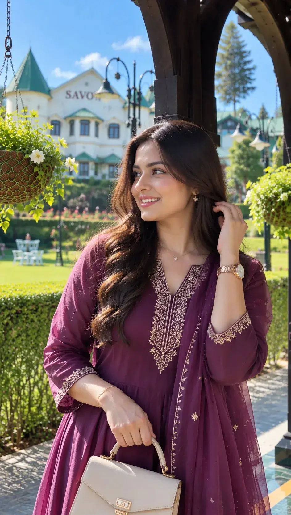 Candid Outdoor Garden Portrait Of Young South Asian Woman In Plum Embroidered Anarkali Suit At Resort Pavilion