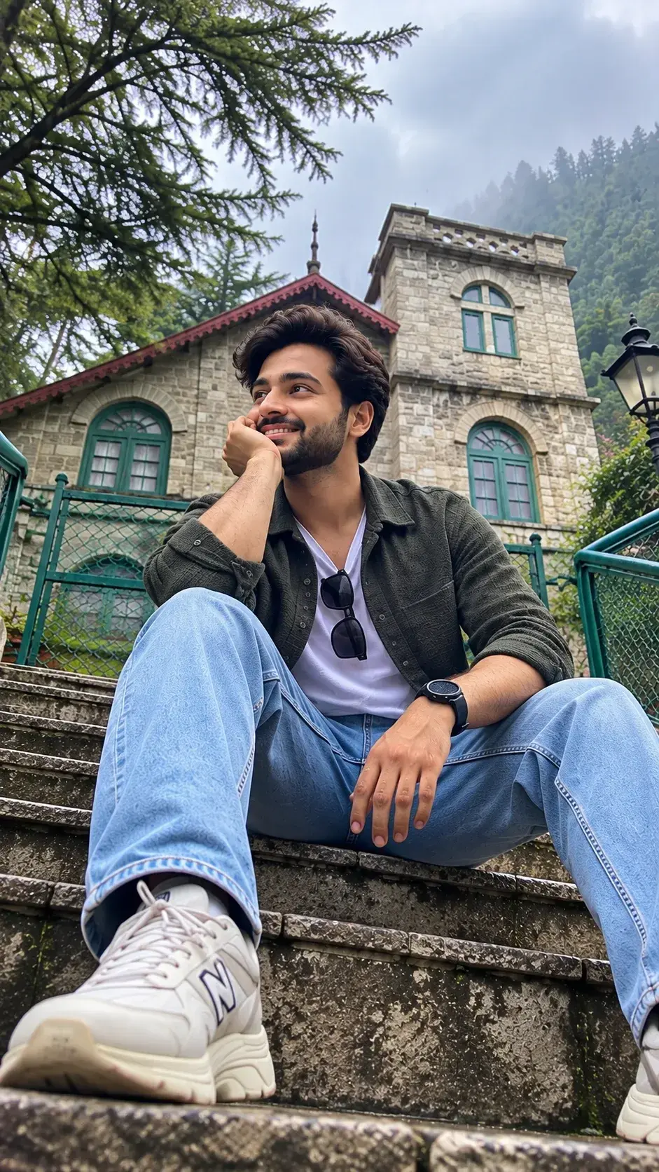 Candid Outdoor Low-Angle Portrait Of Smiling Young South Asian Man Sitting On Stone Steps Before Heritage Stone Church